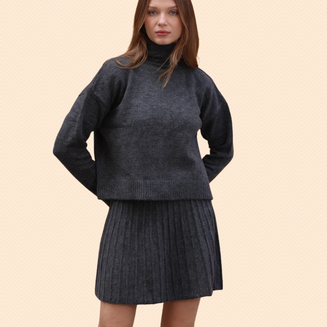 Pleated short skirt and turtleneck sweater