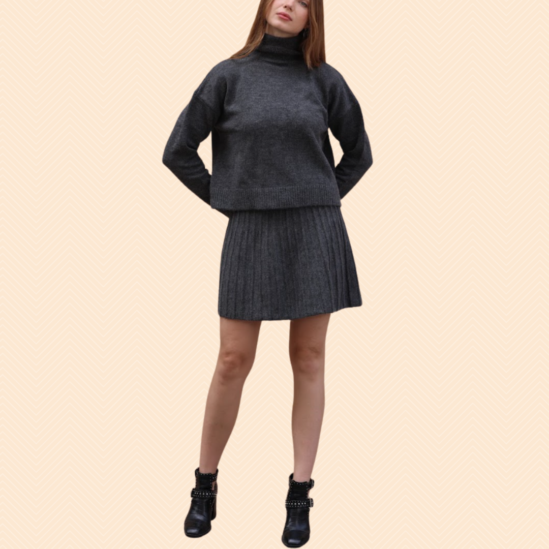 Pleated short skirt and turtleneck sweater