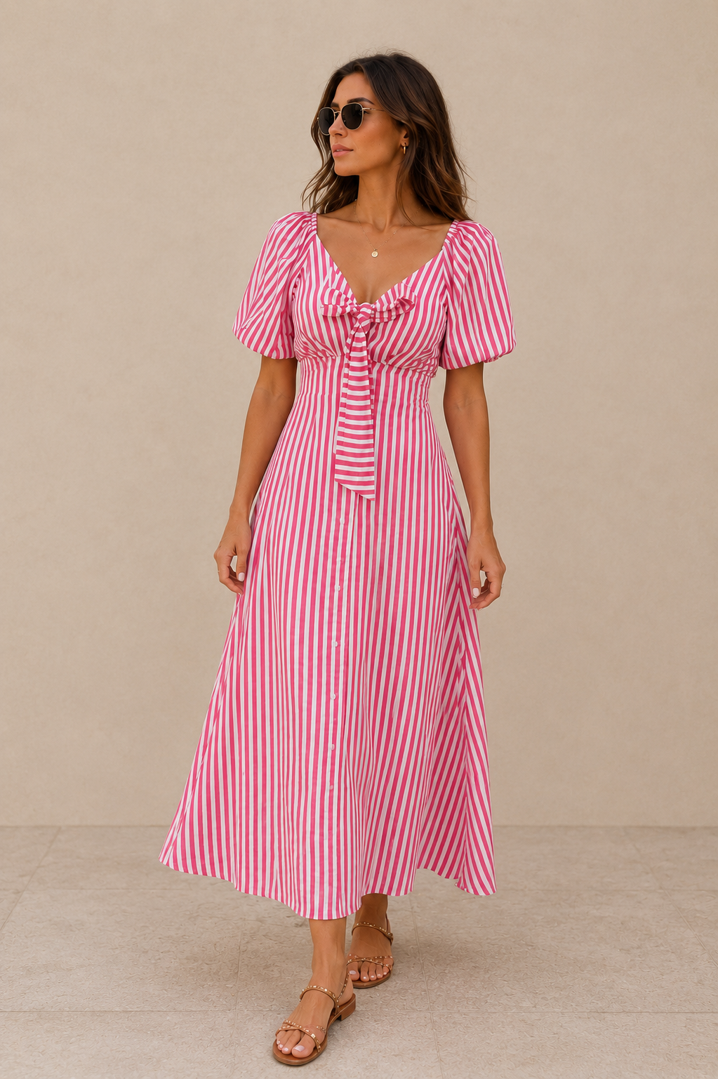 Woman wearing a pink and white striped dress 