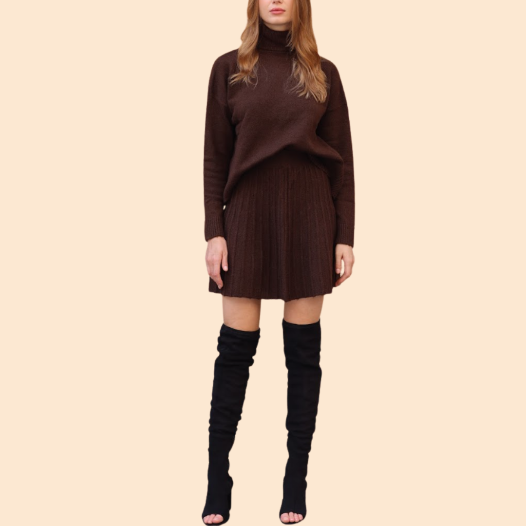 Pleated short skirt and turtleneck sweater