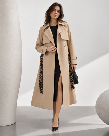 Beige trench coat with leopard pattern belt and buttons