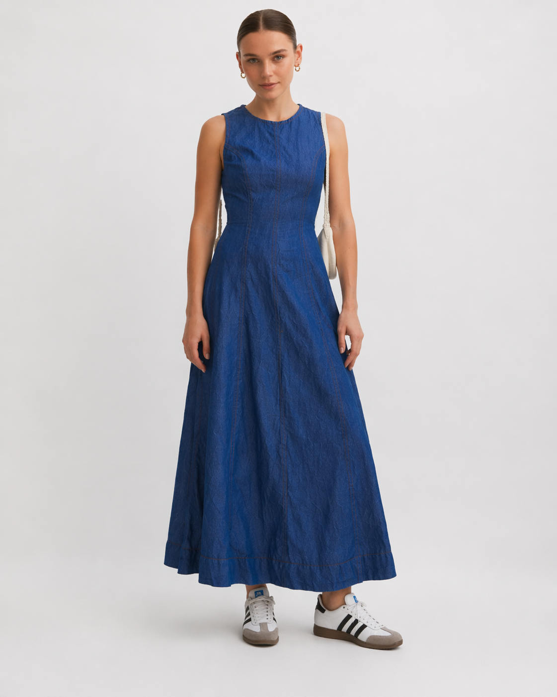 O-neck midi denim dress