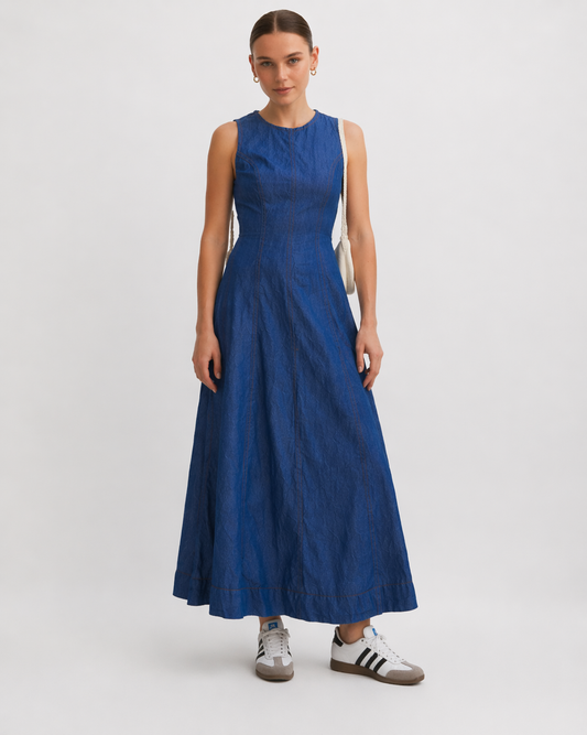 O-neck midi denim dress