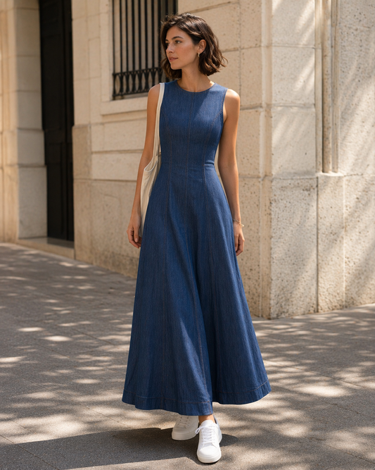 O-neck midi denim dress