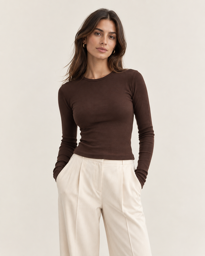 Fitted crew neck long sleeve brown top
