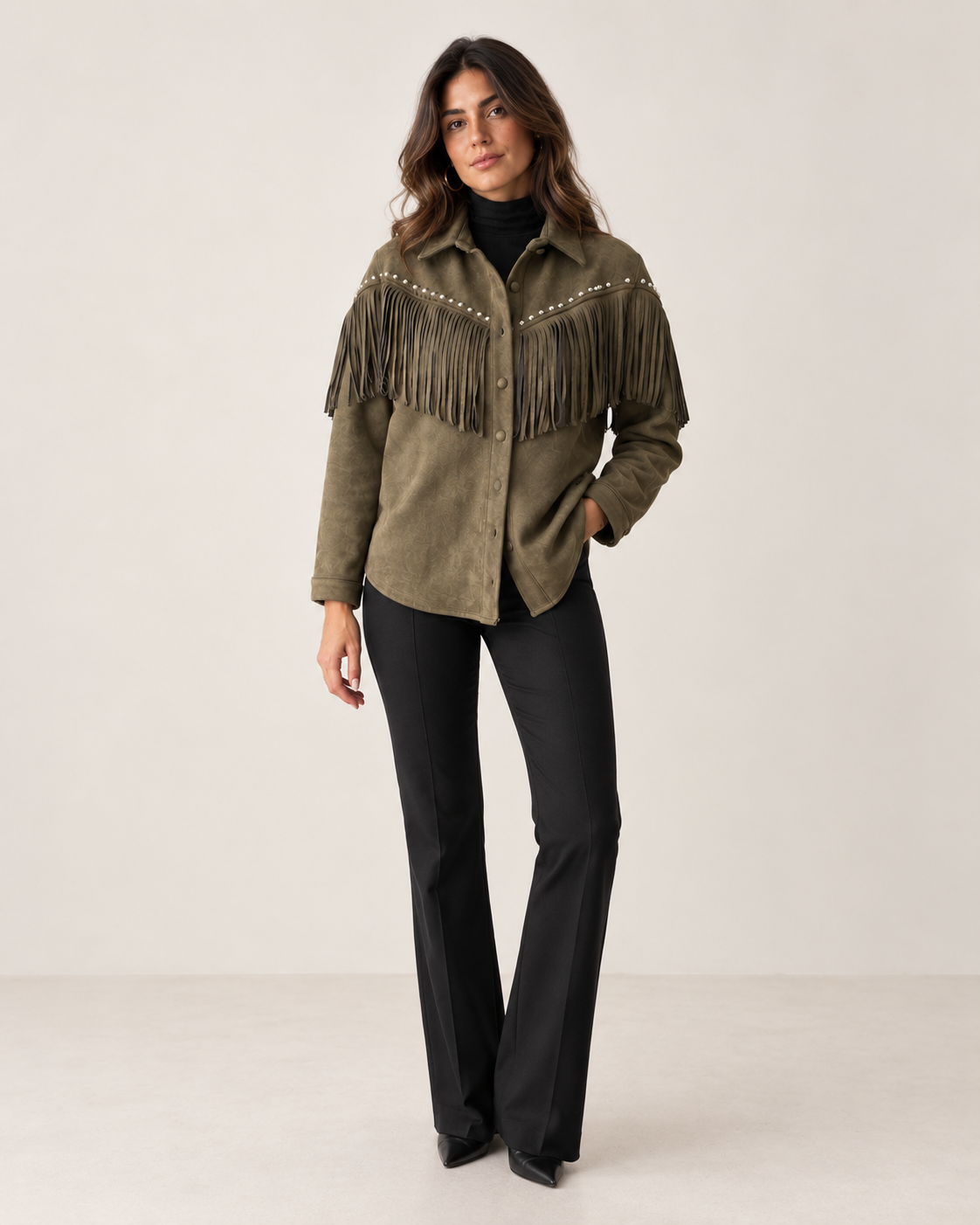 Short jacket with fringes, color olive green