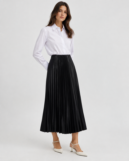 Pleated high waist midi shiny black skirt