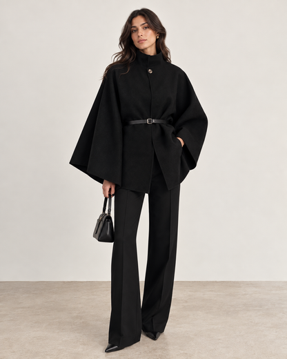 Single-breasted coat with high collar and belt, cape