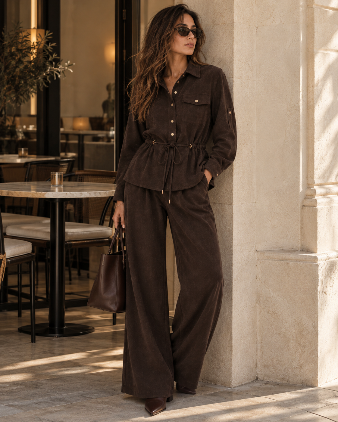 A woman models a dark brown suede  two-piece set consisting of a long-sleeve button-up shirt and matching wide-leg trousers, styled with sunglasses, a brown handbag, and brown pointed-toe heels, leaning against a beige stone pillar in a cafe setting.